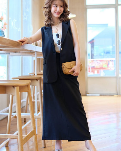 Casual Sleeveless Vest With Mid Length Skirts Sets